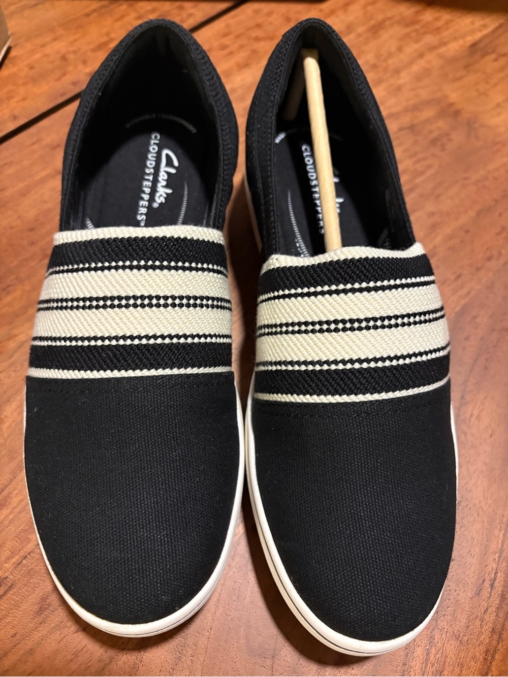 Clarks Black Slip-On Loafers with Cream Striped Band